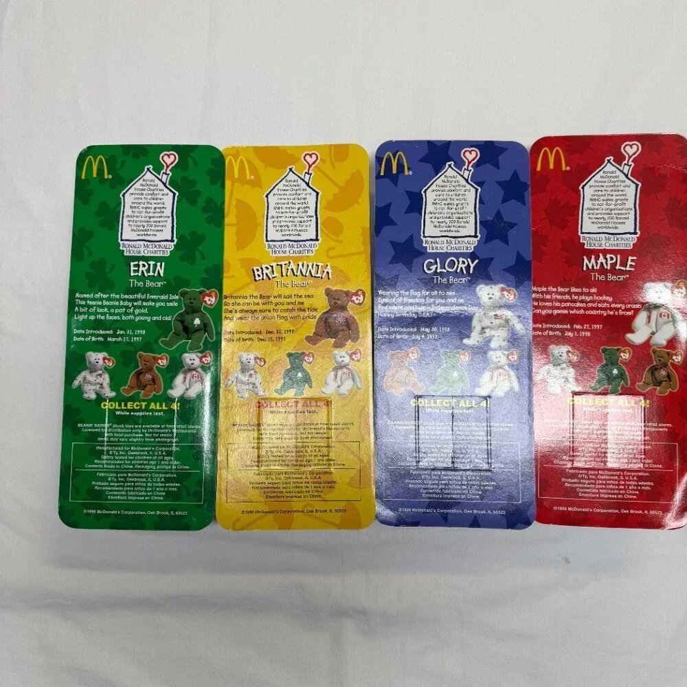 McDonald's Ty Beanie Babies‎ 1999 Bears Set of 4 NIB Erin Glory Britannia Maple